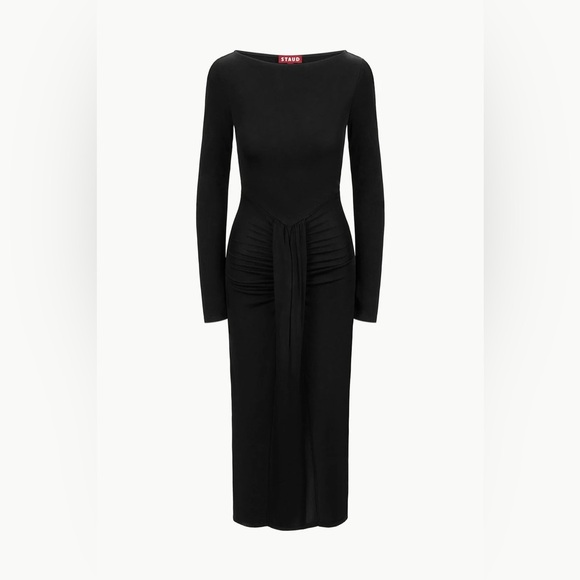 NEW STAUD Gres Dress, boat neck midi ruched waterfall heavy draped, Black Medium - Picture 6 of 13